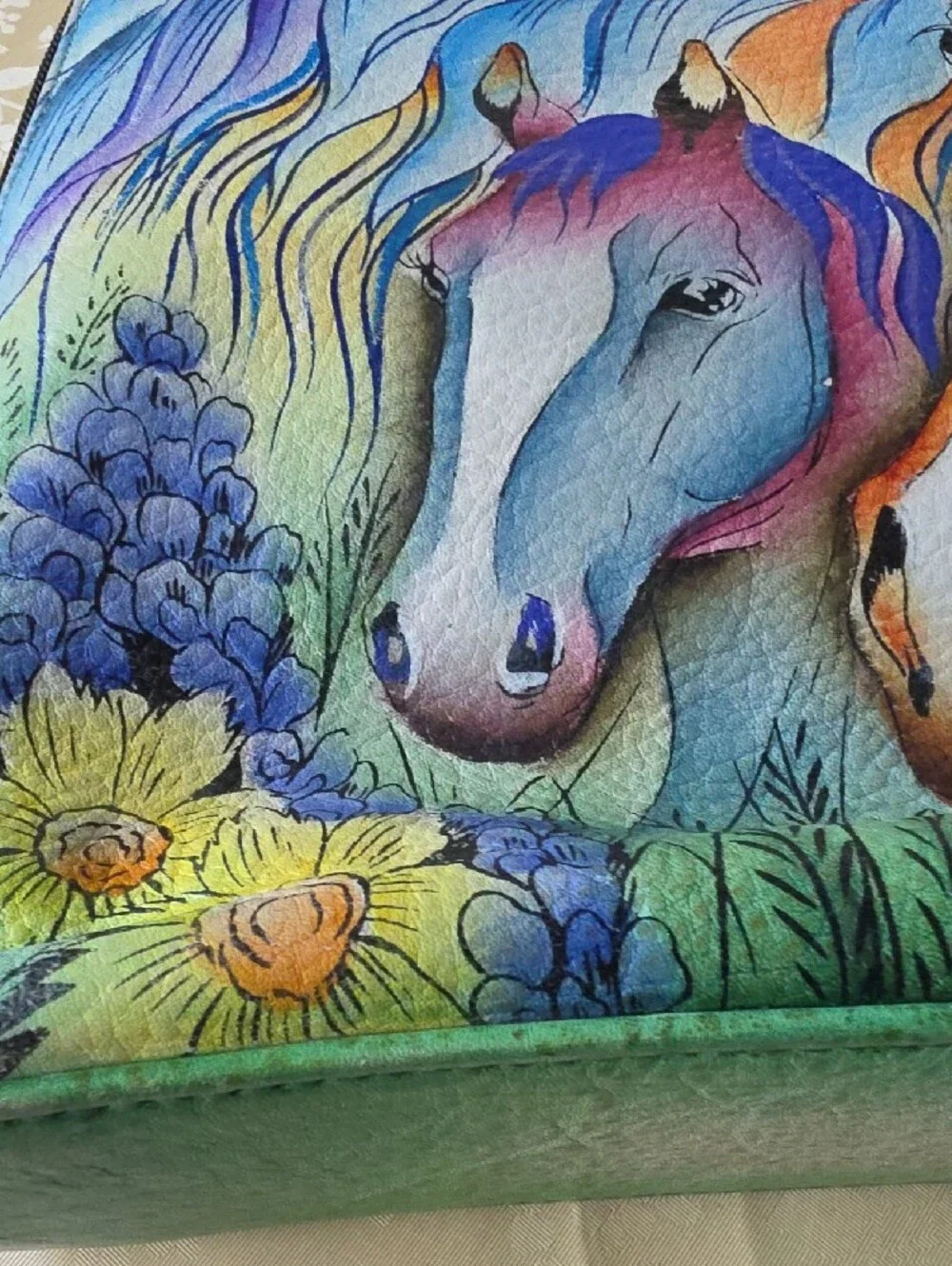 Colorful Horse Art Laptop Sleeve - Green.nwot Single Leather Handle